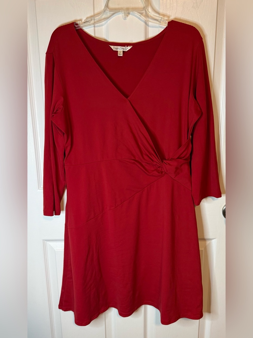 TravelSmith Deep Red Wrap-Front Long-Sleeve Dress